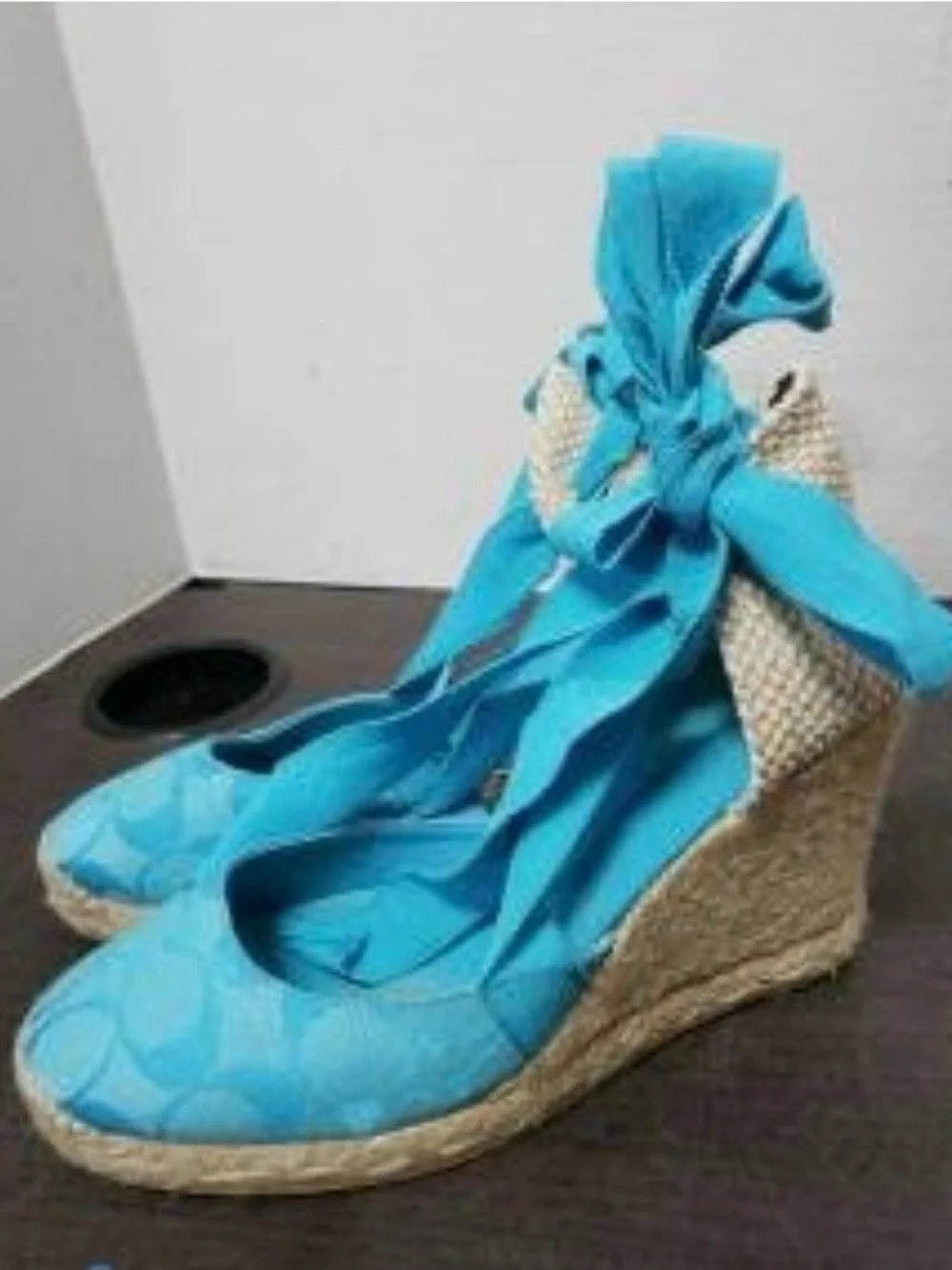 Coach Turquoise Espadrille Wedge Ankle Tie Sandals